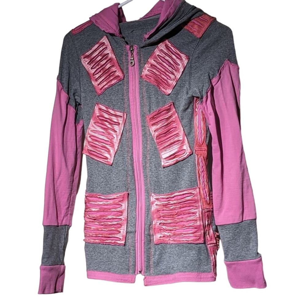 Hippie Boho Shredded Zip Up Gray and Pink Hoodie Womens Sz XS